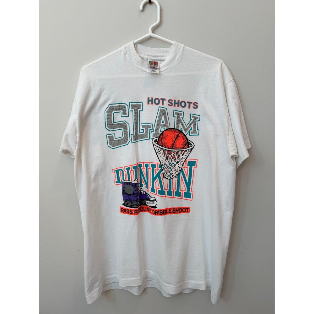 Vintage Fruit of the Loom Hot Shots Slam Dunkin Basketball Graphic Tee White XL